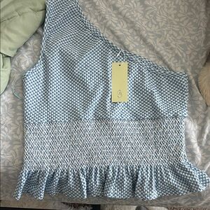 Stylish Blue Gingham One-Shoulder Top